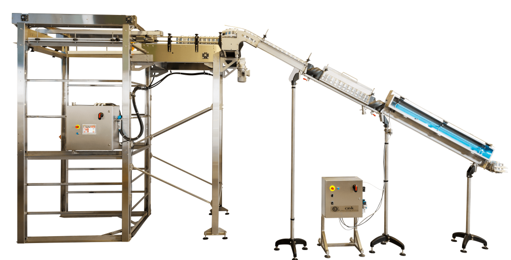 Complete automated infeed solution set-up for canning systems with automated depalletizer and quick changeover rinsing solutions with UV-C and Ionized Air treatment.