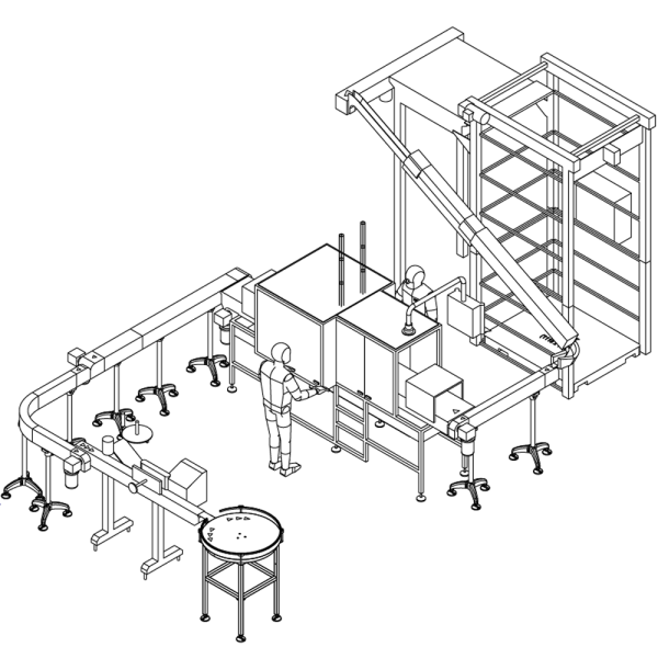 Compact Footprint ACS FleX2 Layout with Automated Depalletizer, Rotary Collection Table, Labeler and Custom Conveyance